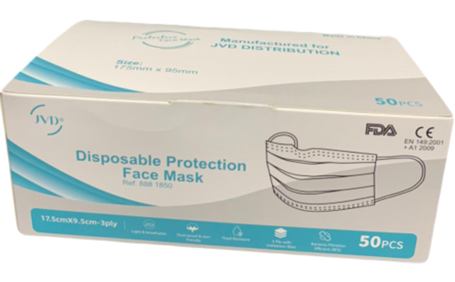 Picture of JVD Protective Face Mask, 3 ply, CE & FDA Approved, BFE 99.9% with ear loop and nose clip (8881850-V3)